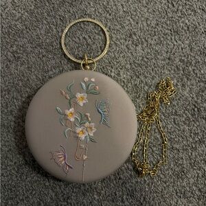 Womens Round Evening Clutch Bag / Handbag / Purse - Beige Butterfly